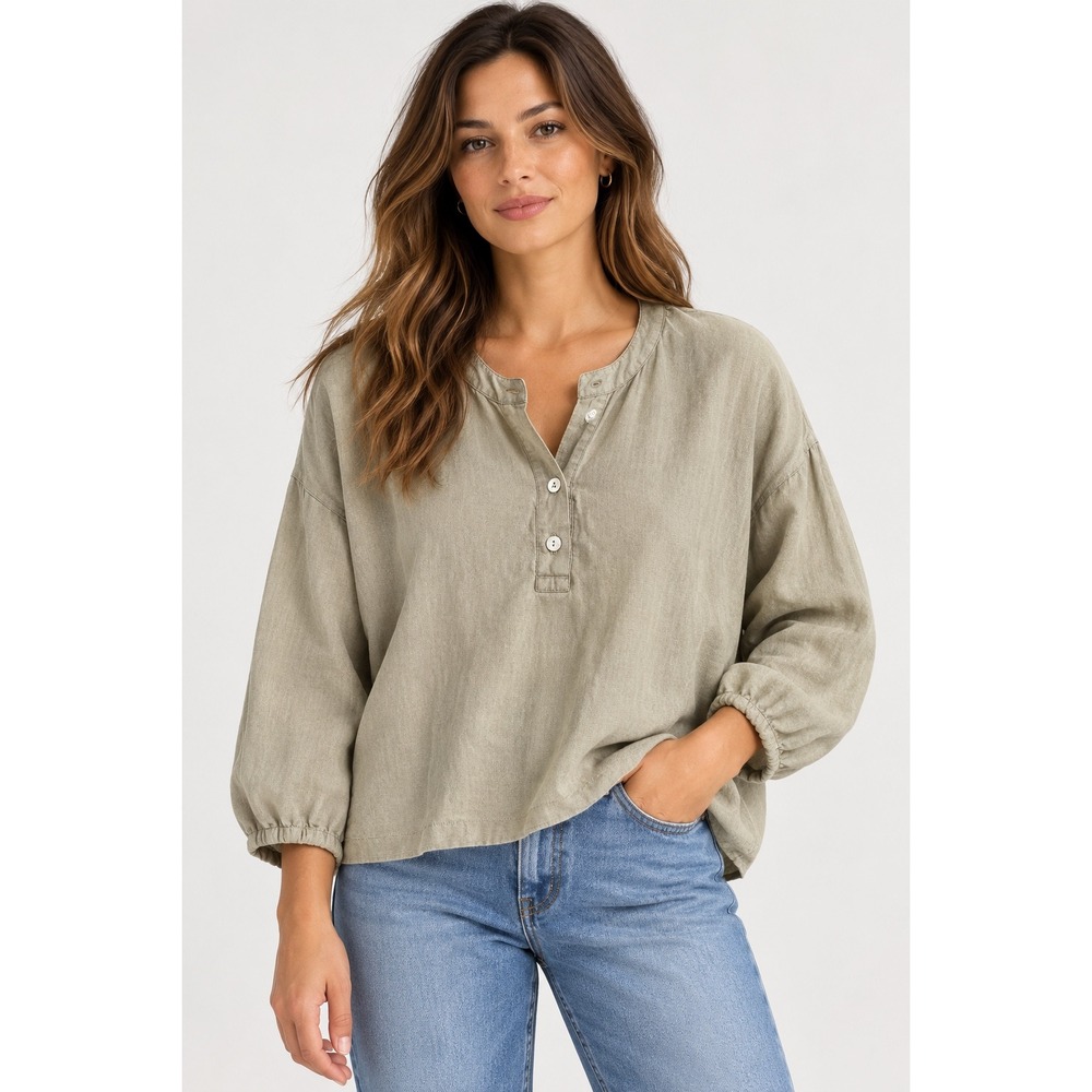 Zara 100% Linen Henley Tunic Top Beige Khaki Long Sleeve Small 4786/291/506